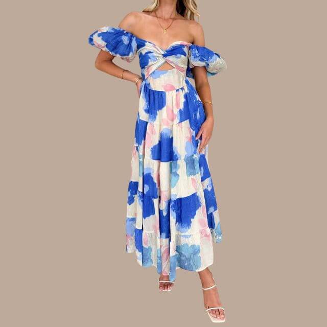 Maxi-jurk | Bloemenprint | Pofmouwen | Off-shoulder jurk | Maxi-zomerjurk-Boutique Moda