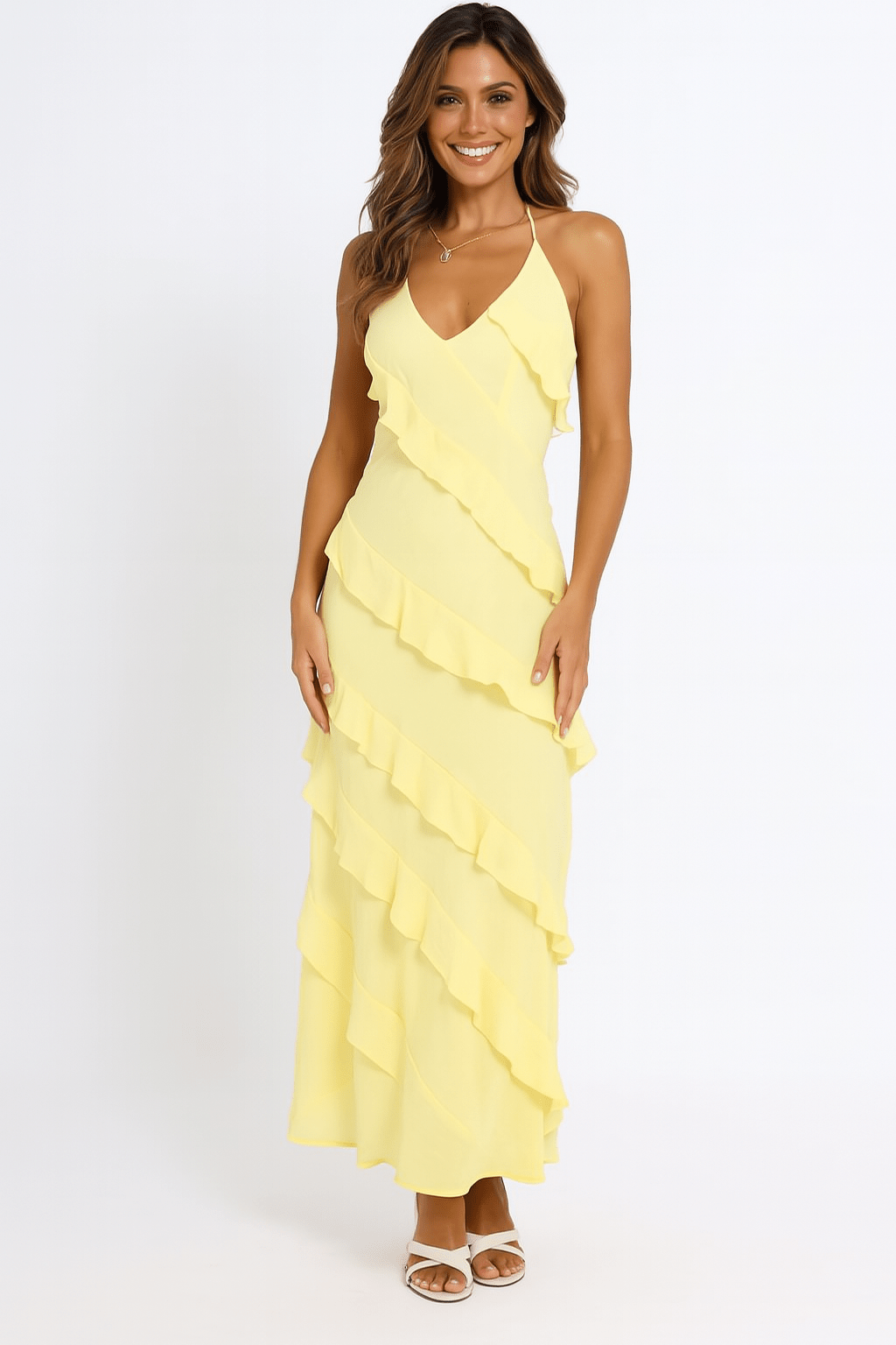 Maxi-jurk | Geel | Mouwloos | Jurk met ruches | Cocktailjurk-Boutique Moda