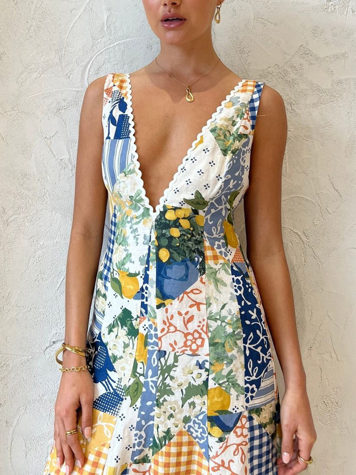 Maxi-jurk | Mouwloos | Patchwork | V-hals | Zomerjurk-Boutique Moda