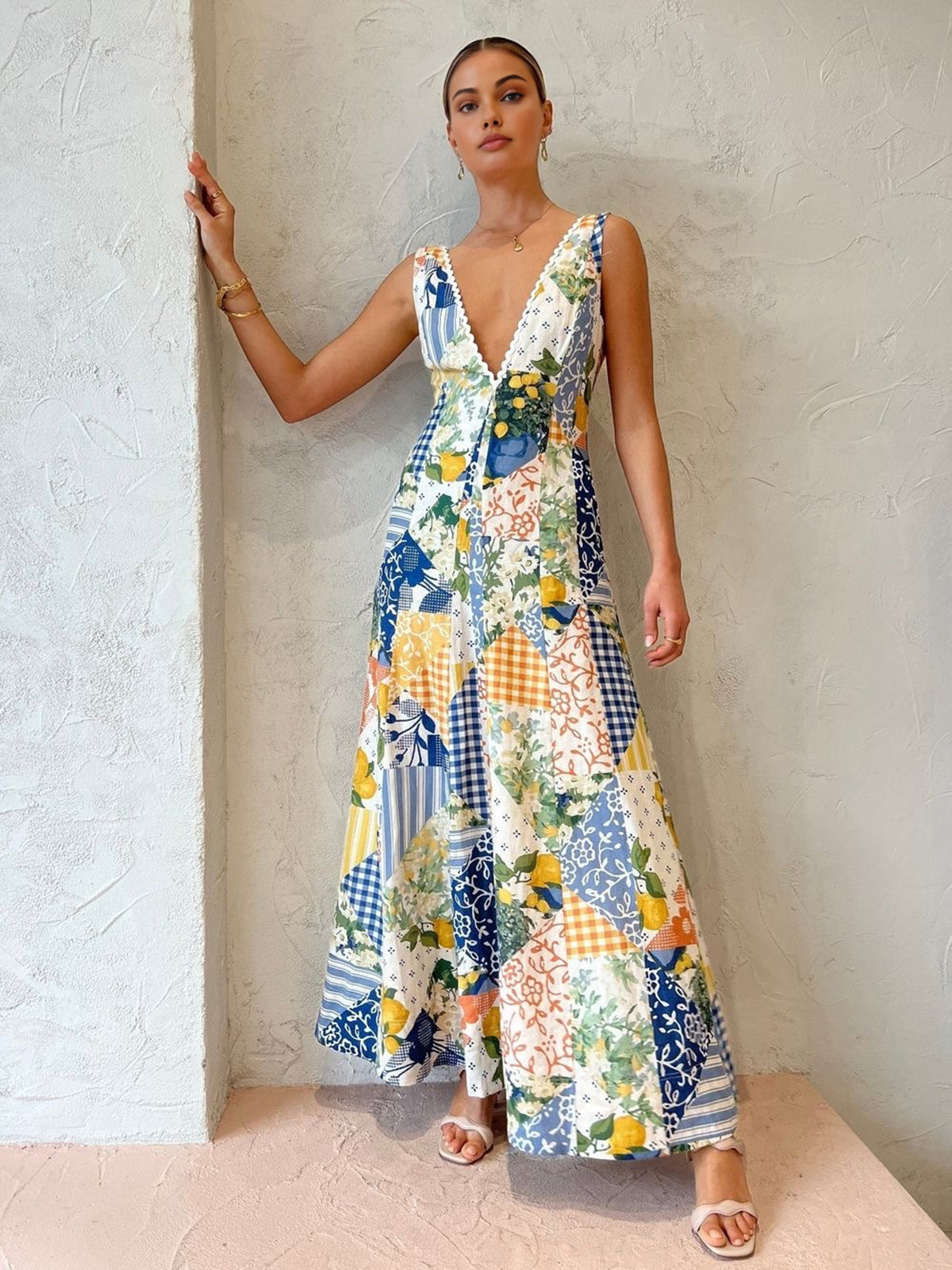 Maxi-jurk | Mouwloos | Patchwork | V-hals | Zomerjurk-Boutique Moda