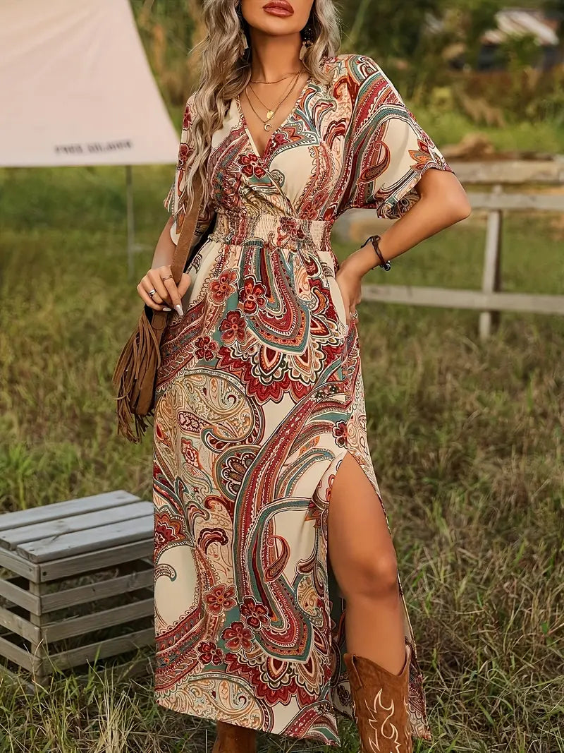 Maxi jurk, Paisleyprint, Korte mouwen, Boho jurk, Maxi zomerjurk-Boutique Moda