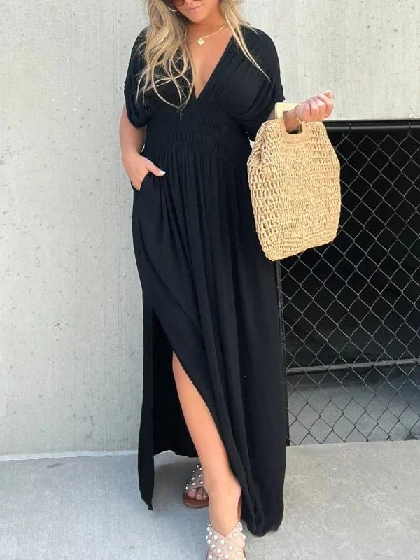Maxi jurk - V-hals - Gerimpelde taille - Zomerjurk - Maxizonnejurk-Boutique Moda