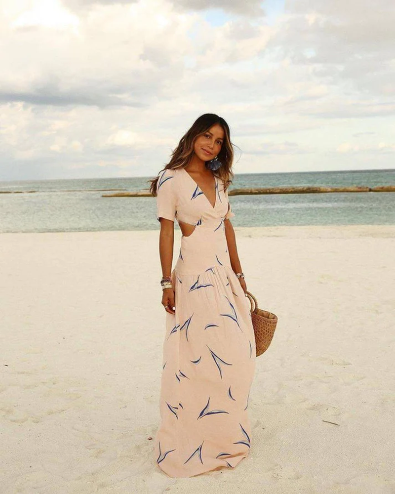 Maxi zomer - beige V-hals zomerjurk-Boutique Moda