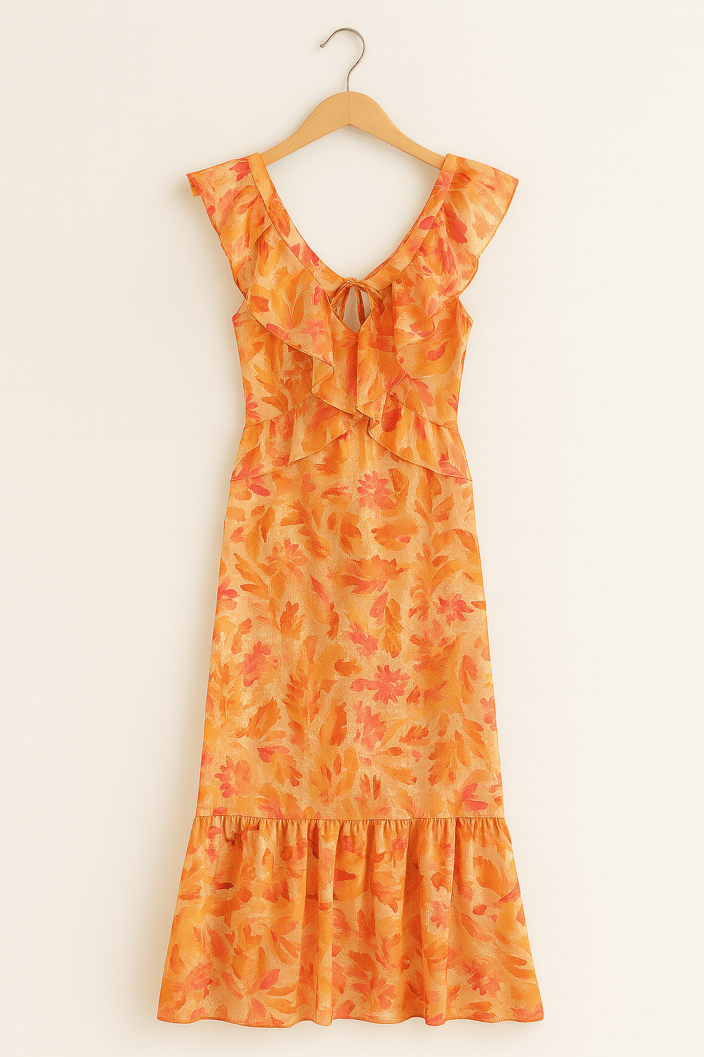 Maxi-zomerjurk – Oranje – Mouwloos – Jurk met uitsnijdingen – Jurk met ruches-Boutique Moda