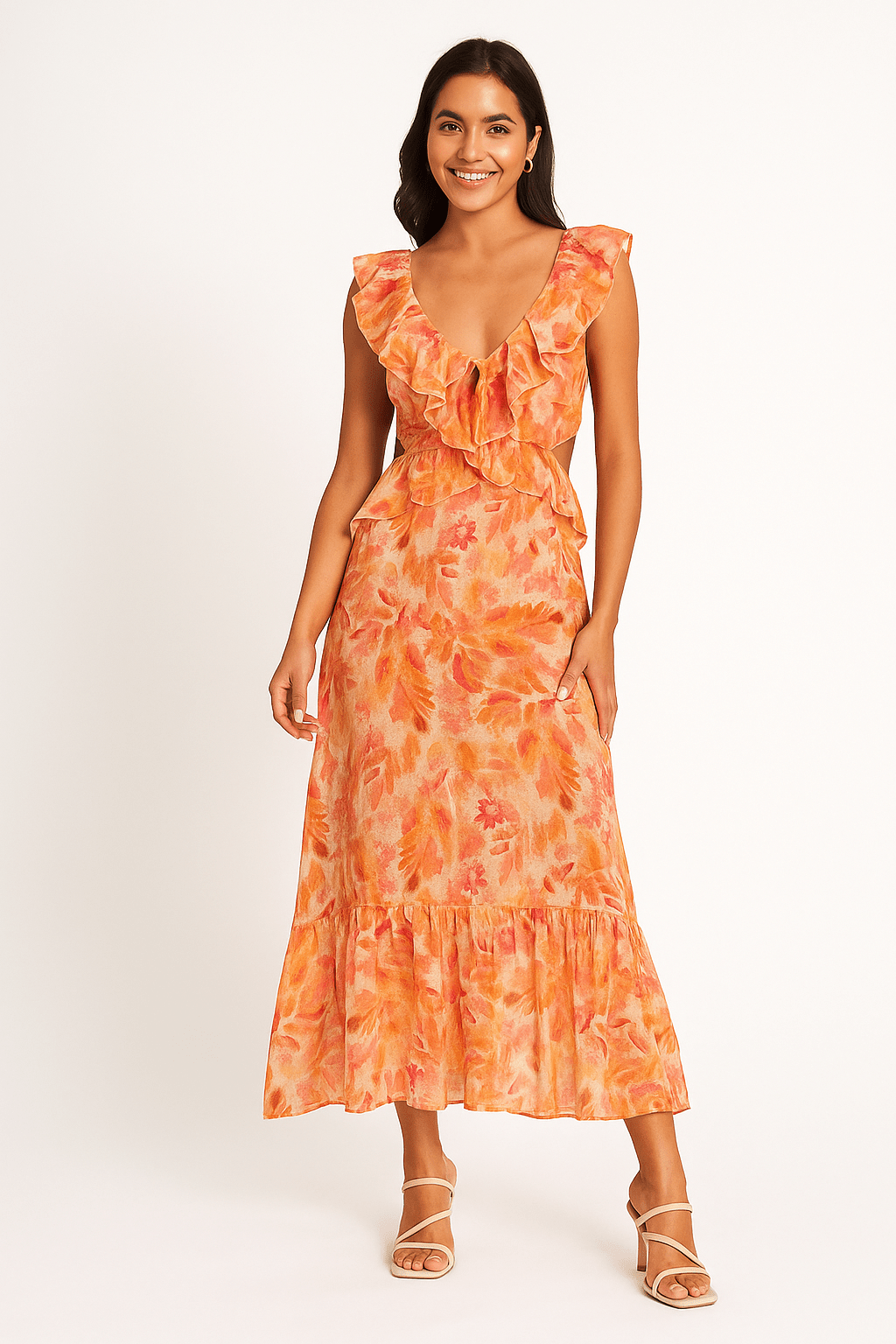 Maxi-zomerjurk – Oranje – Mouwloos – Jurk met uitsnijdingen – Jurk met ruches-Boutique Moda