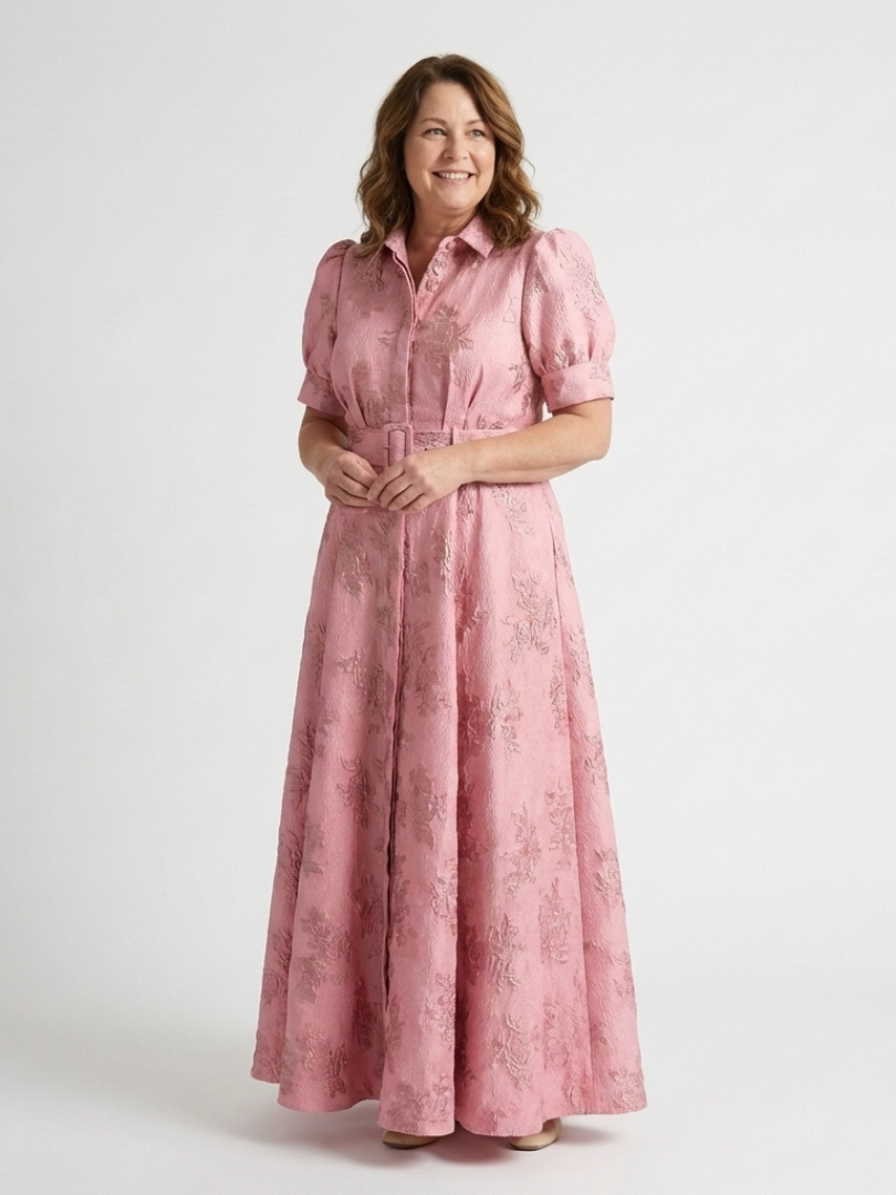 Maxijurk - Pofmouwen - Met ceintuur - Roze jurk - Jurk met knoopsluiting-Boutique Moda