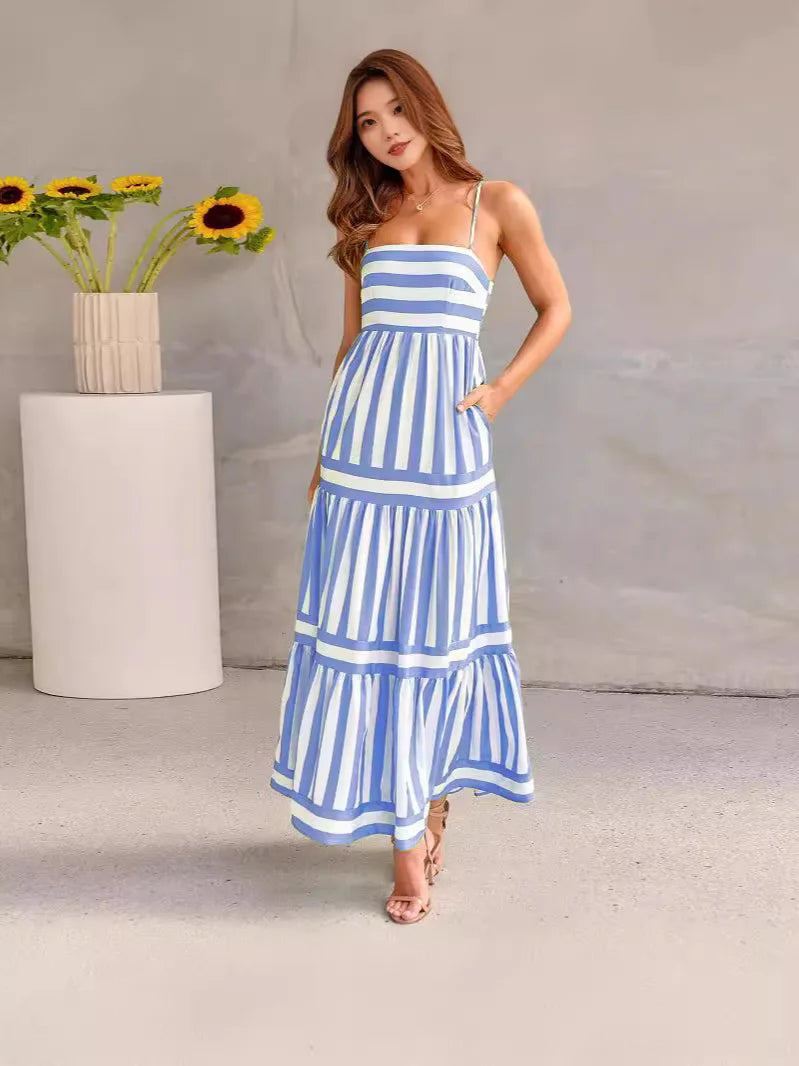 Maxijurk | Spaghettibandjes | Soepel vallend | Gestreepte jurk | Zomerjurk-Boutique Moda