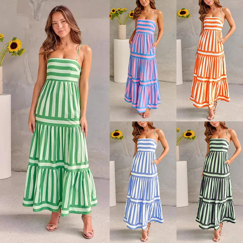 Maxijurk | Spaghettibandjes | Soepel vallend | Gestreepte jurk | Zomerjurk-Boutique Moda