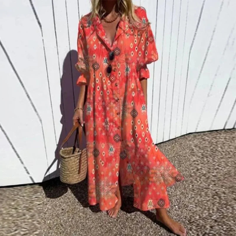 Maxijurk – losse pasvorm – lange mouwen – jurk met knoopsluiting – zomerjurk-Boutique Moda