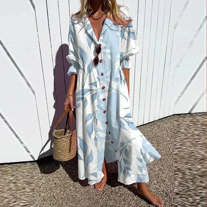 Maxijurk – losse pasvorm – lange mouwen – jurk met knoopsluiting – zomerjurk-Boutique Moda