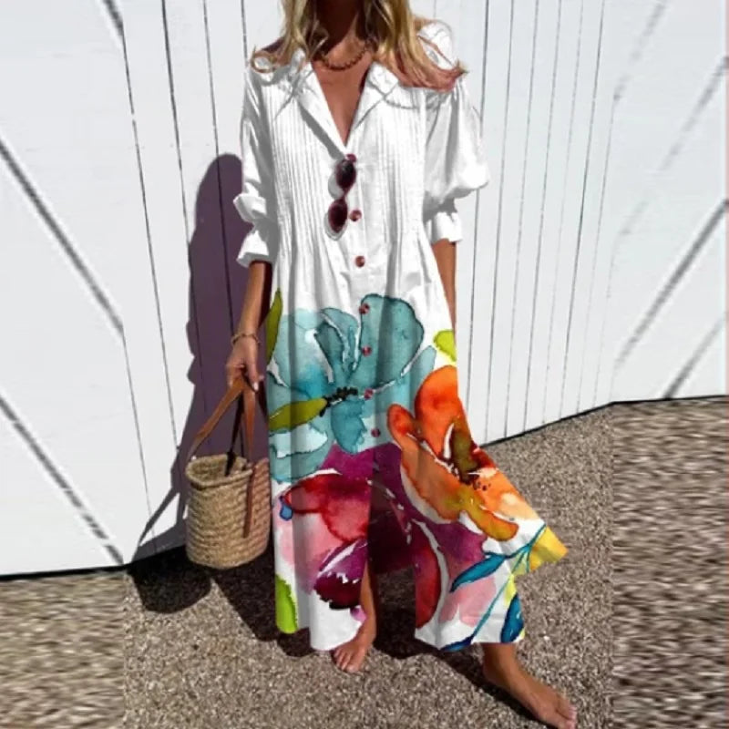 Maxijurk – losse pasvorm – lange mouwen – jurk met knoopsluiting – zomerjurk-Boutique Moda