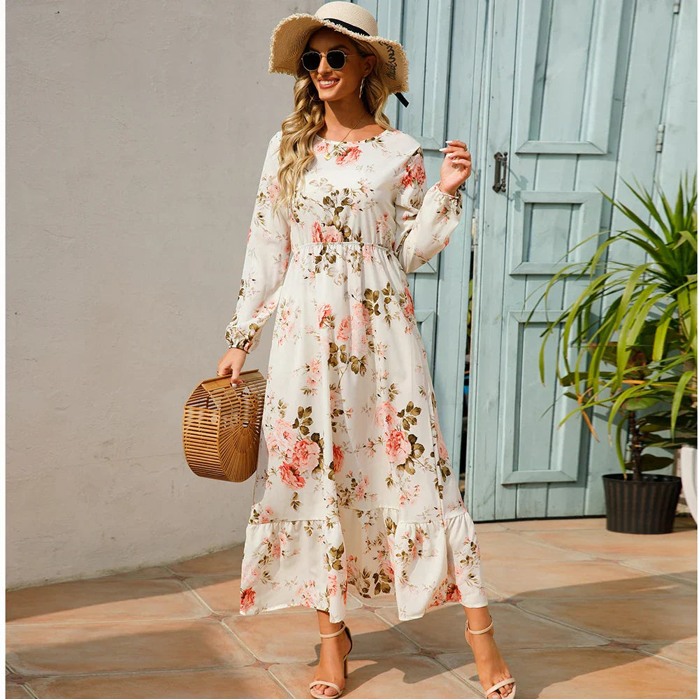Maxijurk voor de zomer - Maxijurk met bloemenprint en lange mouwen-Boutique Moda