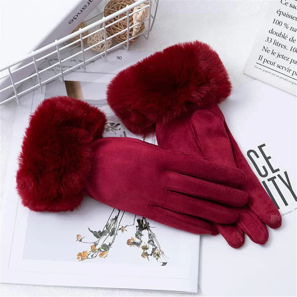 Met bont gevoerde handschoenen - Vrouwen Warme Faux Fur Fluwelen Winterhandschoenen-Boutique Moda