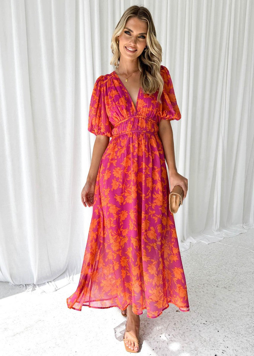 Midi-jurk | Chiffon | Bloemenprint | V-hals | Zomerjurk-Boutique Moda
