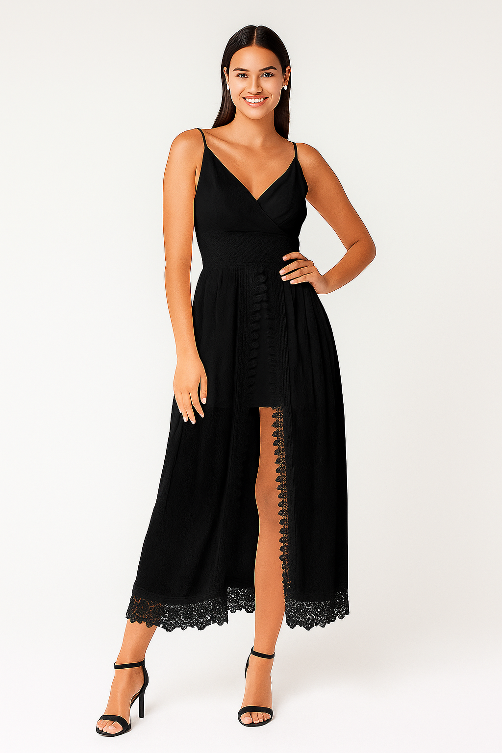 Midi-jurk - Spaghettibandjes - Split aan de voorkant - Kanten jurk - Zomerjurk-Boutique Moda