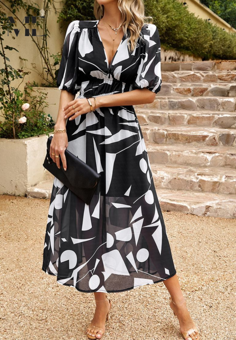 Midi-jurk | Zomer | Pofmouwen | Bloemenprint-Boutique Moda