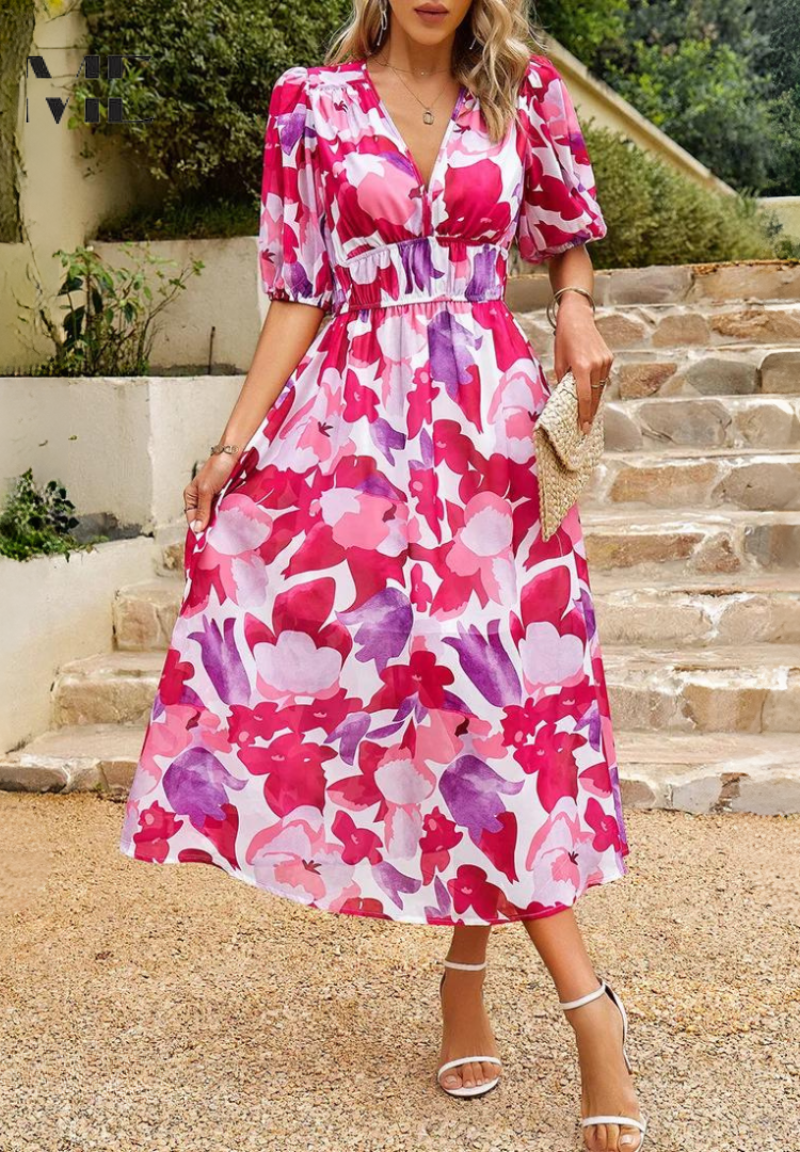 Midi-jurk | Zomer | Pofmouwen | Bloemenprint-Boutique Moda
