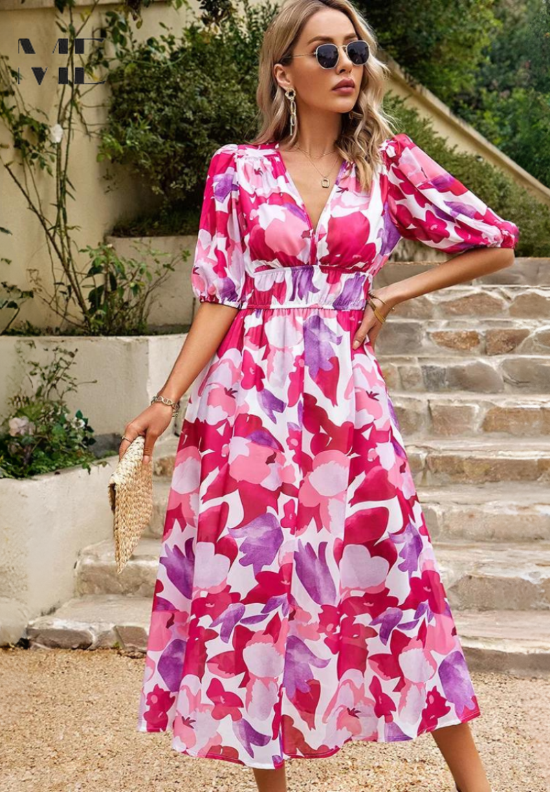Midi-jurk | Zomer | Pofmouwen | Bloemenprint-Boutique Moda