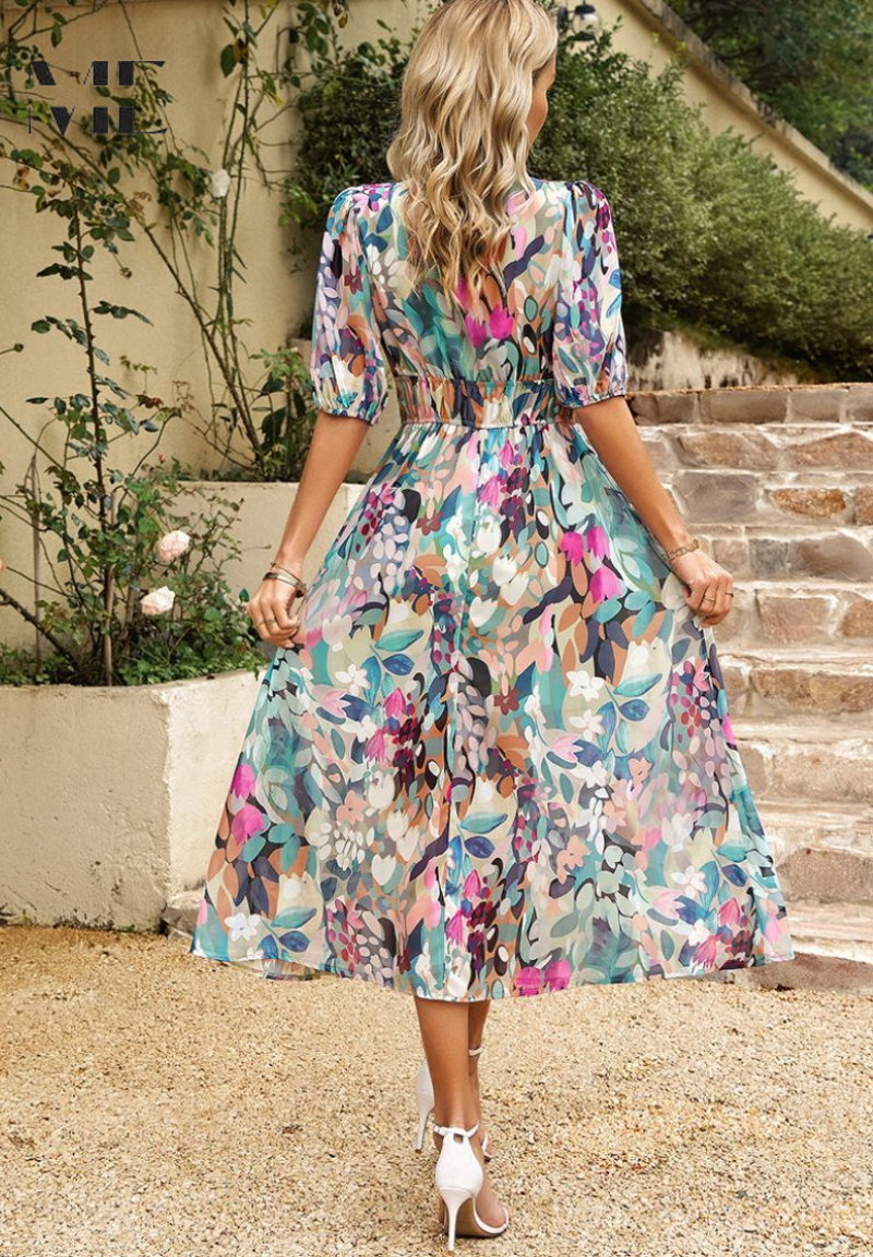 Midi-jurk | Zomer | Pofmouwen | Bloemenprint-Boutique Moda