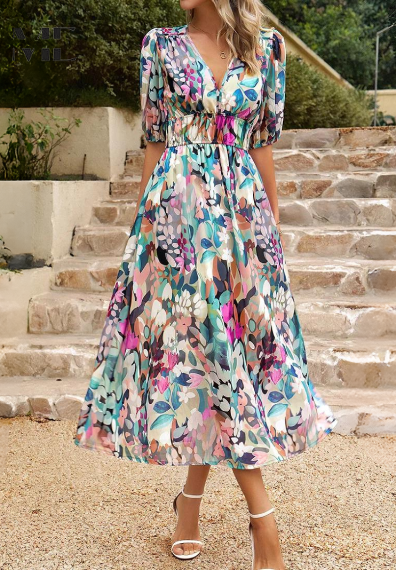 Midi-jurk | Zomer | Pofmouwen | Bloemenprint-Boutique Moda