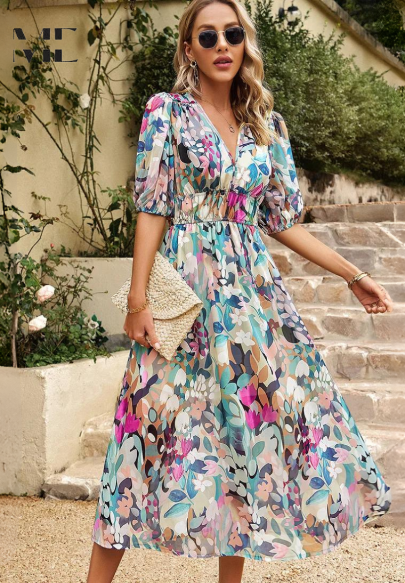 Midi-jurk | Zomer | Pofmouwen | Bloemenprint-Boutique Moda