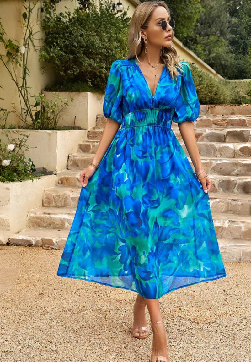 Midi-jurk | Zomer | Pofmouwen | Bloemenprint-Boutique Moda