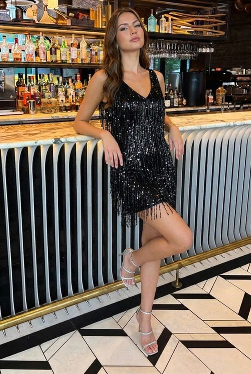Mini Feestjurk met Pailletten en Franjes-Boutique Moda