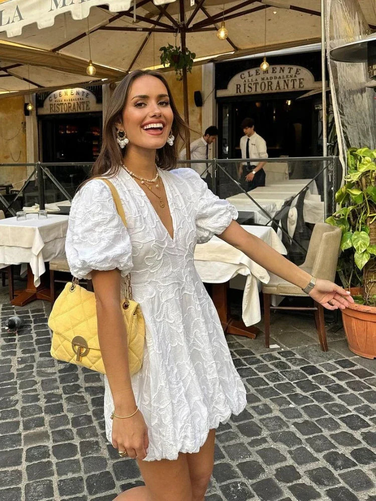 Mini-jurk | Pofmouwen | V-hals | Witte Jurk | Zomerjurk-Boutique Moda