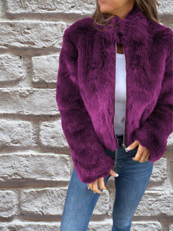 Nepbontjas | Pluizig | Ritssluiting | Korte bontjas | Damesjas-Boutique Moda