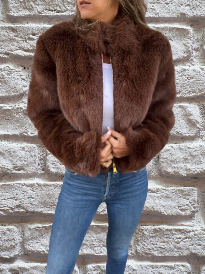 Nepbontjas | Pluizig | Ritssluiting | Korte bontjas | Damesjas-Boutique Moda