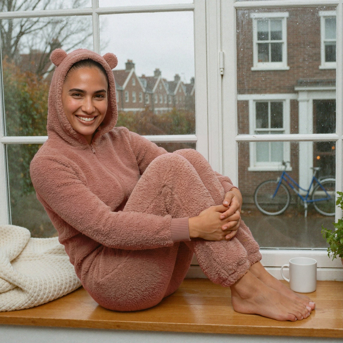 Vrouw in oudroze teddy onesie met berenoren op een vensterbank in een Nederlands huis | Boutique Moda