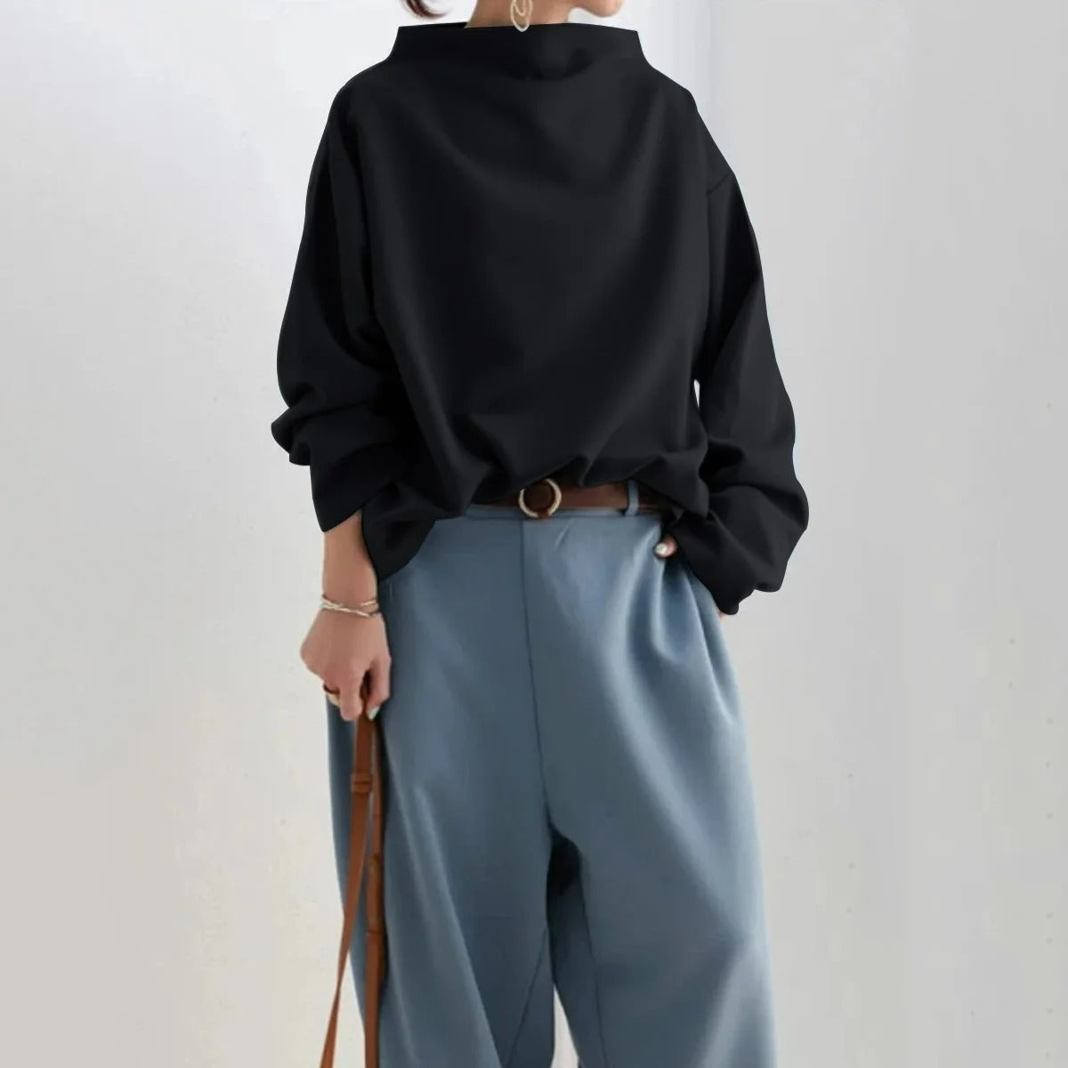 Oversized Blouse | Zwart | Lange Mouw | Blouse Met Hoge Hals | Dameskleding-Boutique Moda