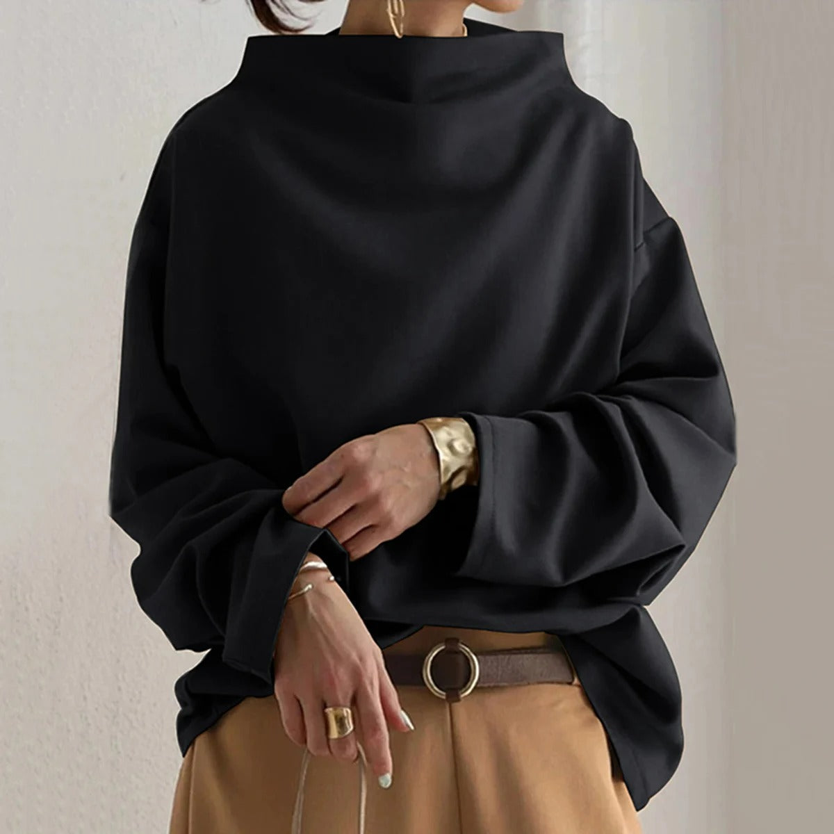 Oversized Blouse | Zwart | Lange Mouw | Blouse Met Hoge Hals | Dameskleding-Boutique Moda