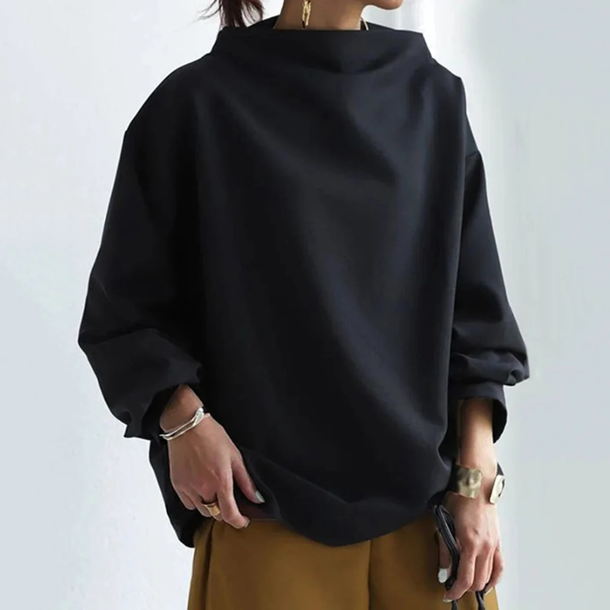 Oversized Blouse | Zwart | Lange Mouw | Blouse Met Hoge Hals | Dameskleding-Boutique Moda