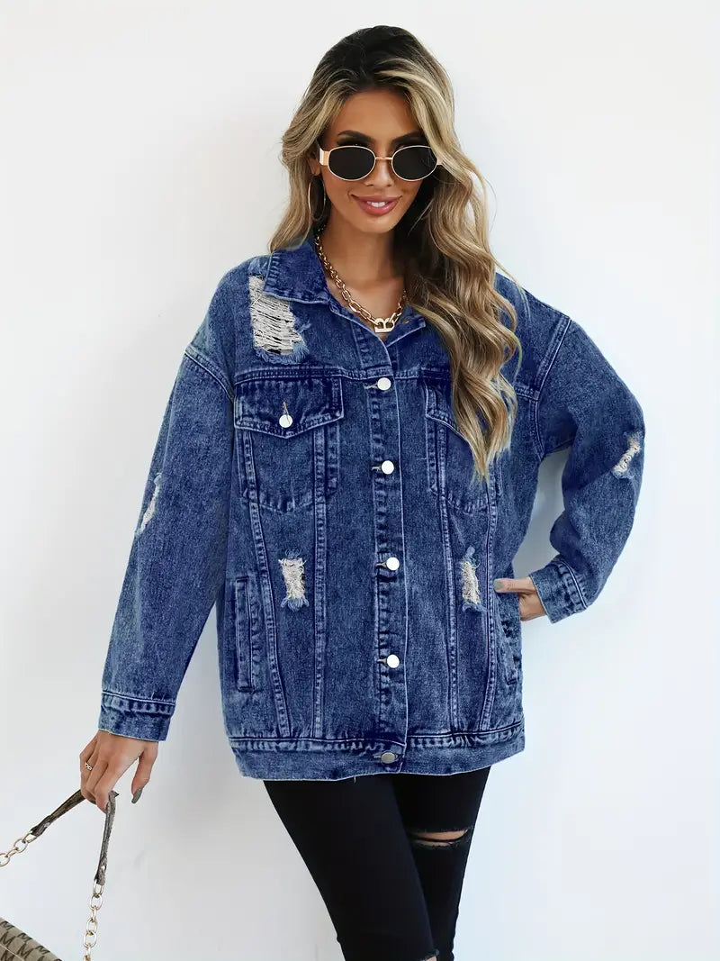 Oversized Denim Jas - Gescheurd - Los model - Denim Jas - Damesjas-Boutique Moda