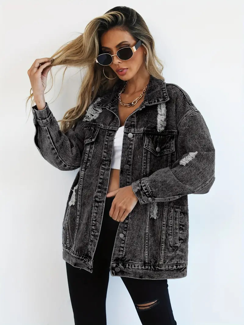 Oversized Denim Jas - Gescheurd - Los model - Denim Jas - Damesjas-Boutique Moda
