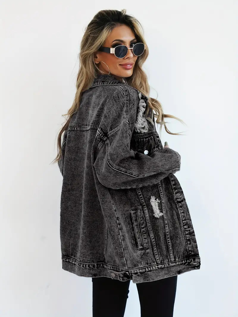 Oversized Denim Jas - Gescheurd - Los model - Denim Jas - Damesjas-Boutique Moda