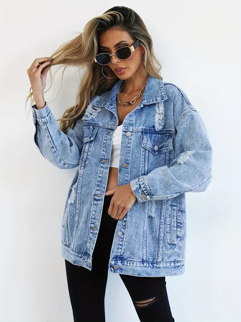 Oversized Denim Jas - Gescheurd - Los model - Denim Jas - Damesjas-Boutique Moda