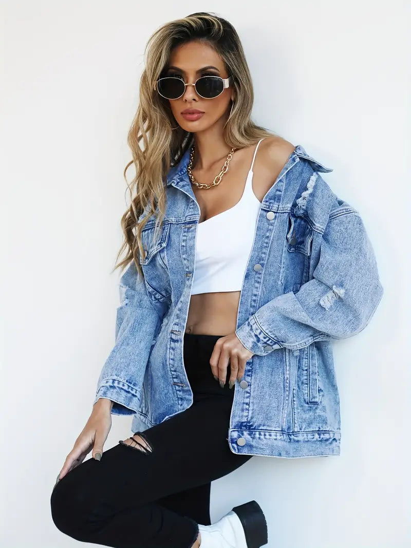 Oversized Denim Jas - Gescheurd - Los model - Denim Jas - Damesjas-Boutique Moda