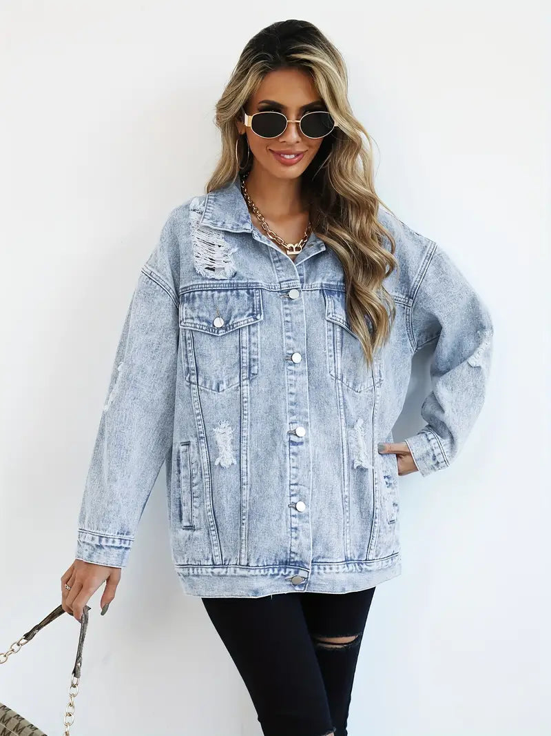 Oversized Denim Jas - Gescheurd - Los model - Denim Jas - Damesjas-Boutique Moda