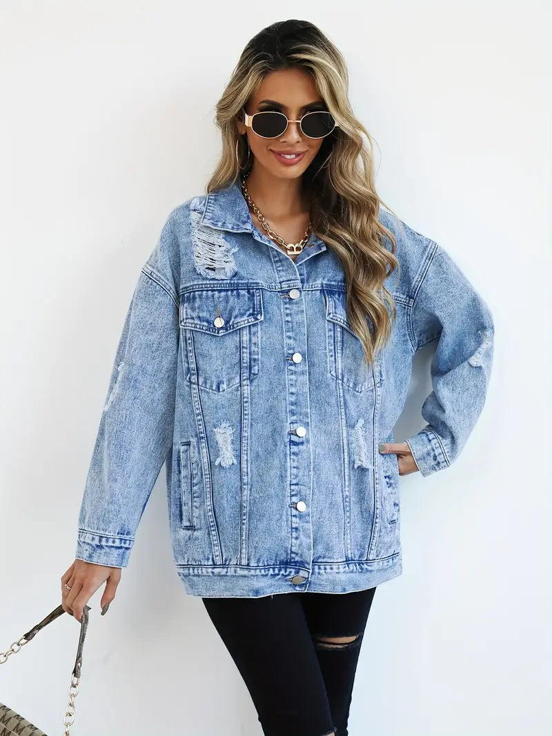 Oversized Denim Jas - Gescheurd - Los model - Denim Jas - Damesjas-Boutique Moda