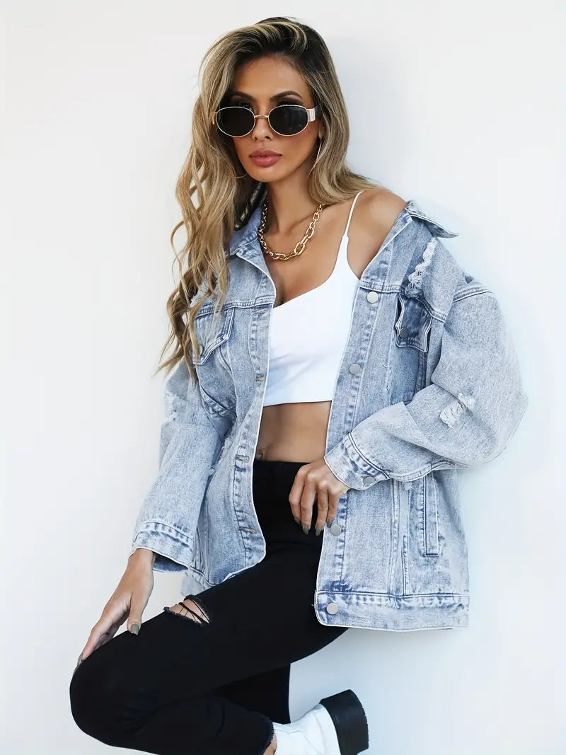Oversized Denim Jas - Gescheurd - Los model - Denim Jas - Damesjas-Boutique Moda