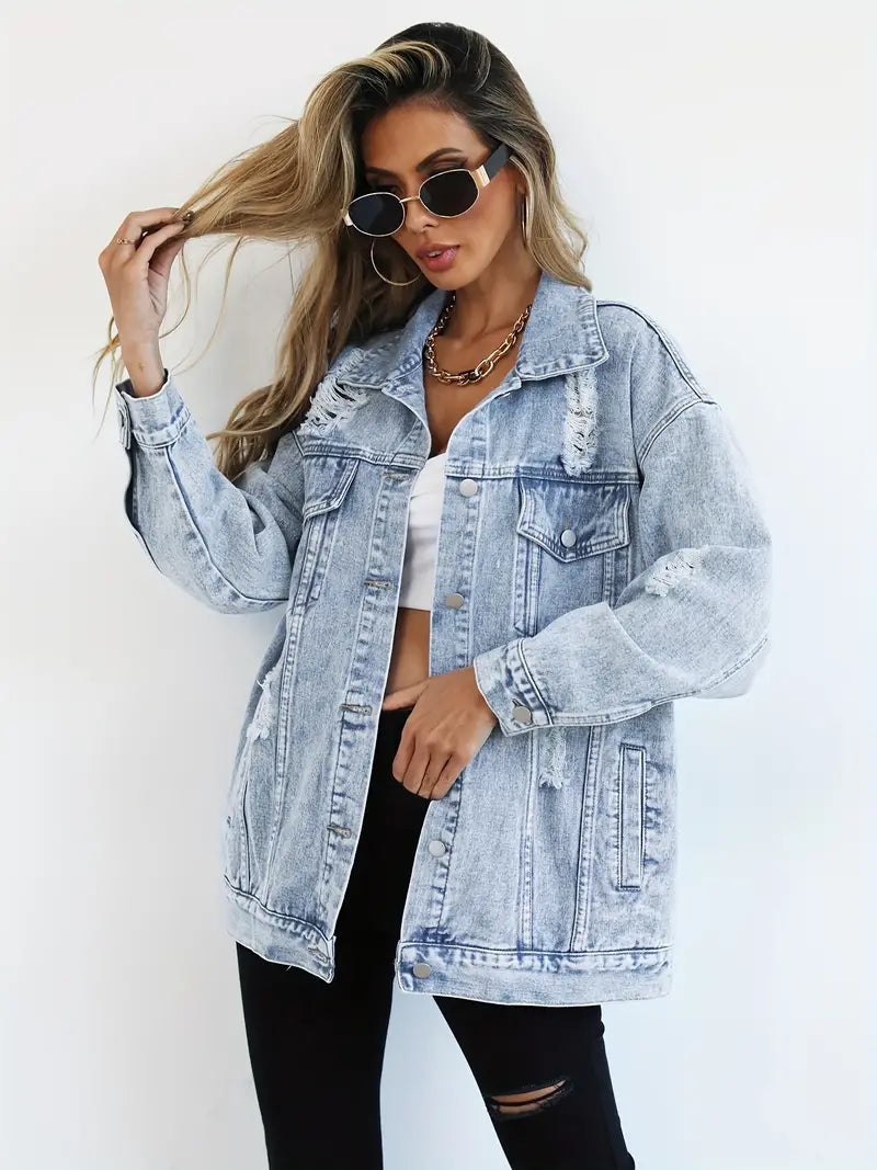 Oversized Denim Jas - Gescheurd - Los model - Denim Jas - Damesjas-Boutique Moda