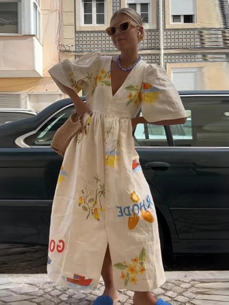 Oversized Jurk - Korte Mouw - V-Hals - Midi Jurk - Zomerjurk-Boutique Moda