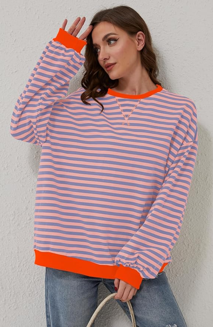 Oversized Sweater - Gestreept oversized shirt met lange mouwen voor dames-Boutique Moda