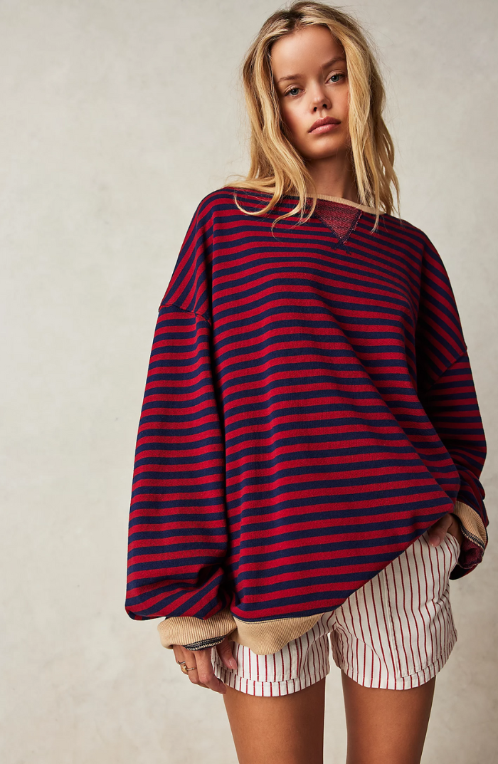 Oversized Sweater - Gestreept oversized shirt met lange mouwen voor dames-Boutique Moda