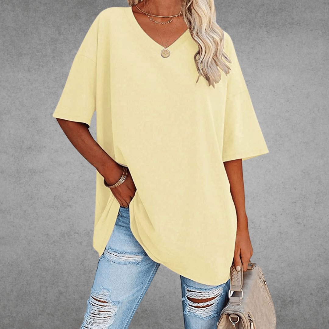 Oversized T-shirt - Lang - Losse pasvorm - T-shirt met V-hals - Dames-top-Boutique Moda