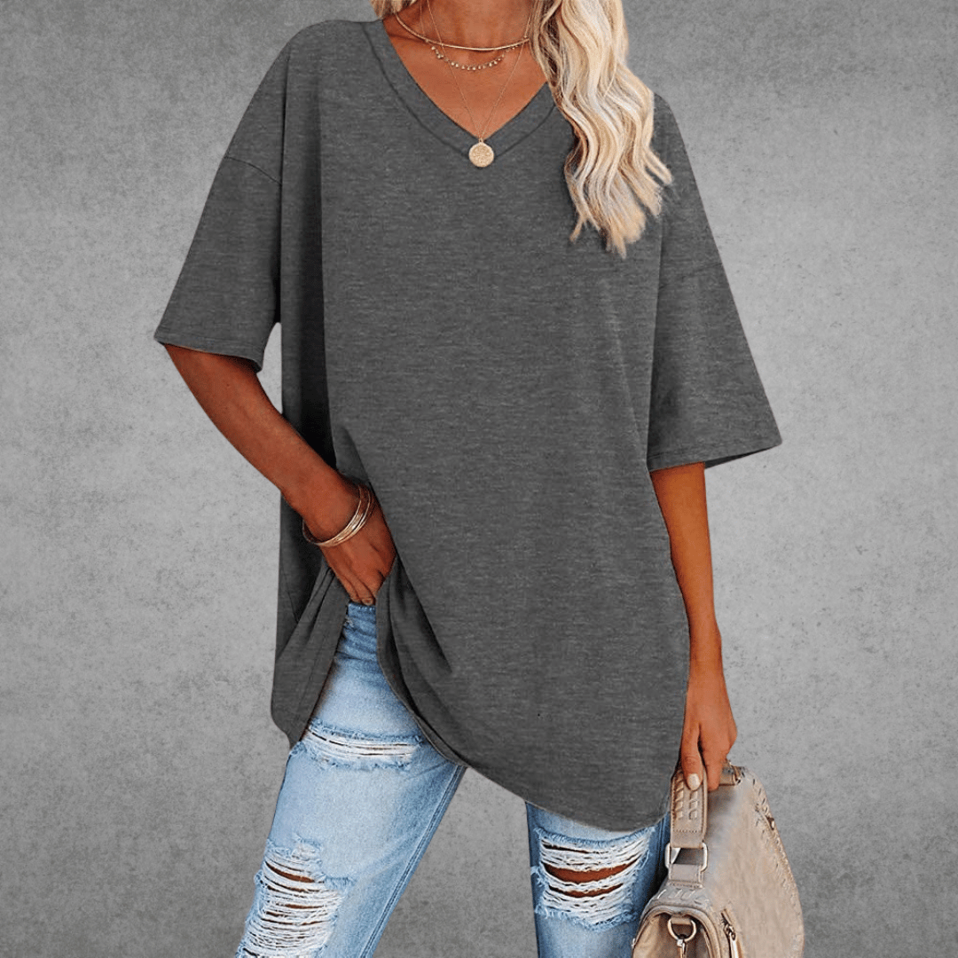 Oversized T-shirt - Lang - Losse pasvorm - T-shirt met V-hals - Dames-top-Boutique Moda