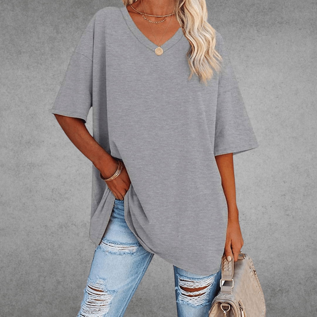 Oversized T-shirt - Lang - Losse pasvorm - T-shirt met V-hals - Dames-top-Boutique Moda