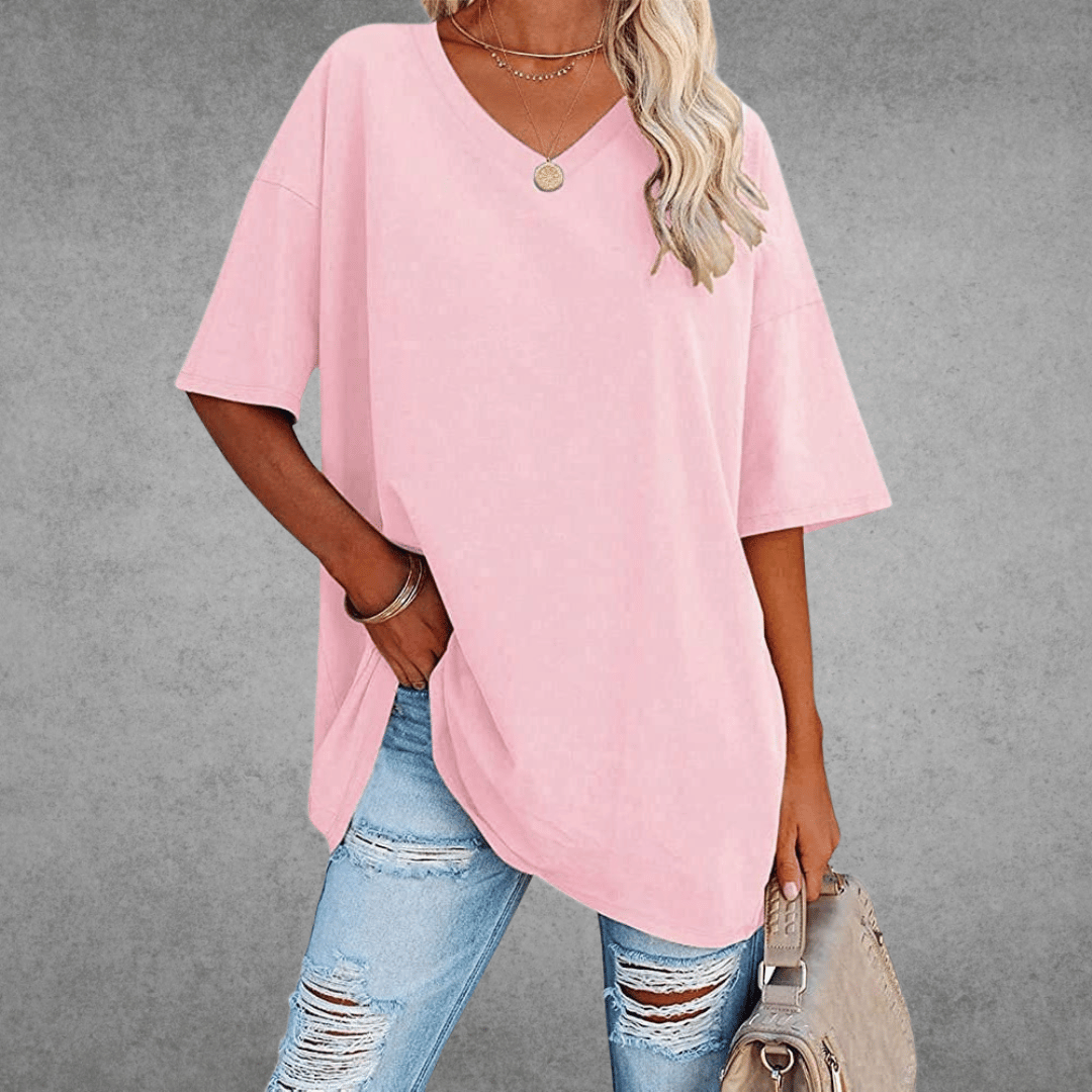 Oversized T-shirt - Lang - Losse pasvorm - T-shirt met V-hals - Dames-top-Boutique Moda